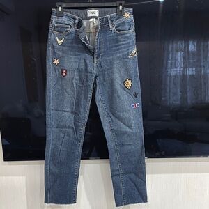 PAIGE Blue Straight Leg Jeans with Decorative Patches